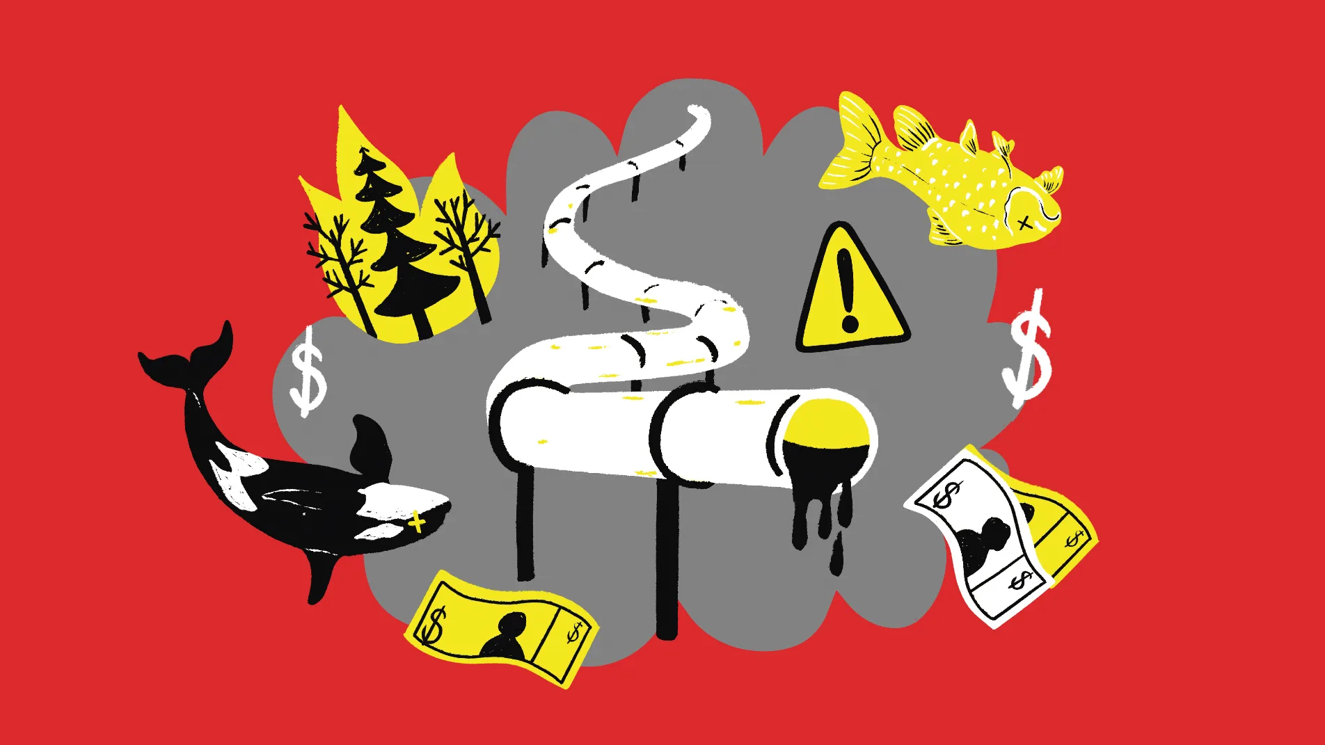 Illustration de la campagne : un pipeline, la nature et de l’argent sur fond rouge.
